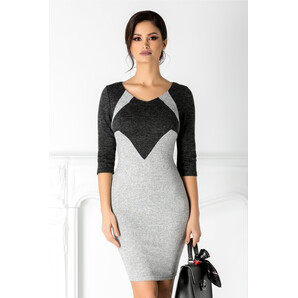 Rochie Miruna gri cu design negru la maneci si bust