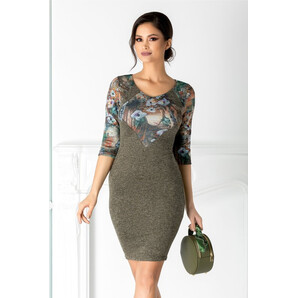 Rochie Miruna kaki cu imprimeu floral la bust