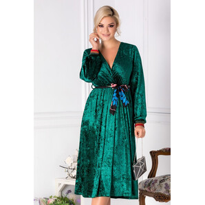 Rochie Moly verde din catifea cu cordon in talie