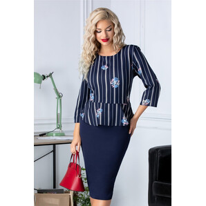 Rochie Rania bleumarin cu peplum si curea roz in talie