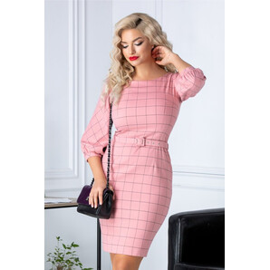 Rochie Roxy office roz cu carouri si curea in talie