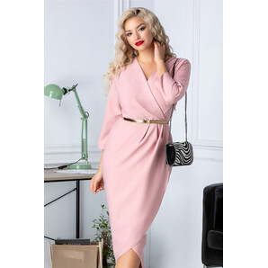 Rochie Sany office roz pudrat cu decolteu petrecut si curea aurie