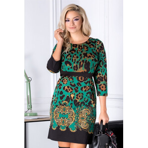 Rochie Xander verde cu imprimeu negru-maro