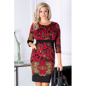 Rochie Ynes rosie cu imprimeu negru