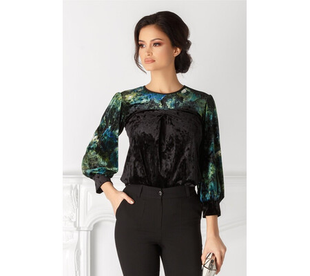 Bluza Moze neagra cu print floral verde