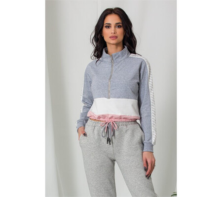 Bluza sport gri cu elastic in talie si strasuri pe maneci