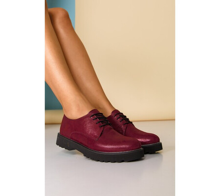 Pantofi Oxford bordo sidefat cu sireturi