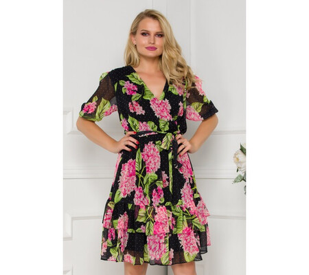 Rochie Anisia neagra cu imprimeuri florale roz