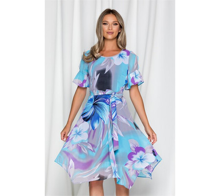 Rochie Cassie gri cu imprimeu floral bleu