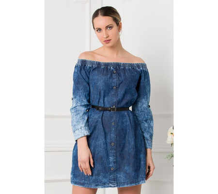 Rochie din denim cu umerii goi si maneci reglabile