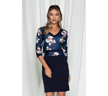 Rochie Dora bleumarin cu imprimeuri florale la bust