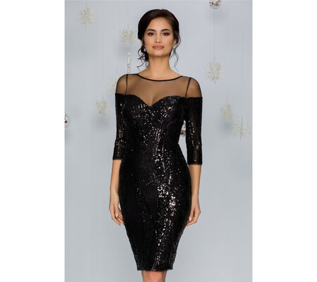 Rochie Ginette neagra cu paiete aplicate pe tull