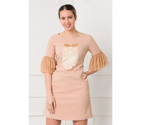 Rochie LaDonna camel cu broderie bufnita si insertii din tull