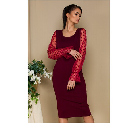 Rochie Mira bordo cu maneci din tull cu buline catifelate