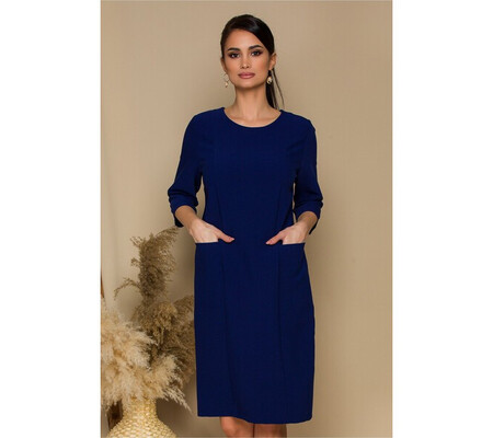 Rochie Sabrina bleumarin office cu buzunare maxi pe fata