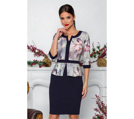 Rochie Sabrina neagra cu imprimeuri florale in nuante de lila si bleu