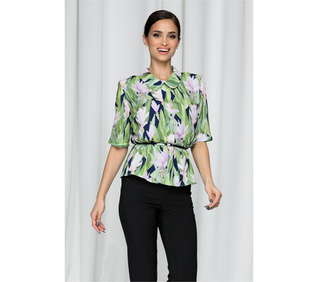 Bluza Flavia verde cu imprimeu floral si pliu frontal