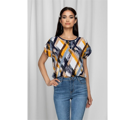 Bluza Gabrielle alba cu maneci scurte si imprimeu geometric galben mustar