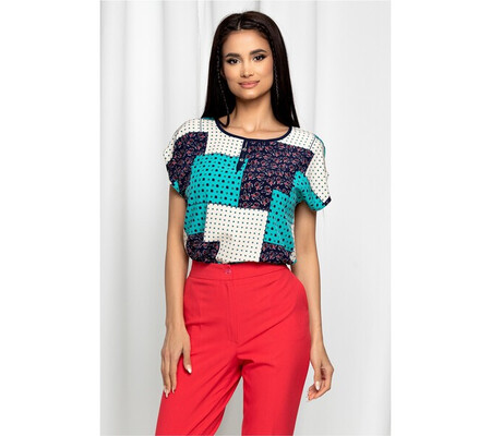 Bluza Gabrielle turcoaz cu maneci scurte si imprimeu geometric bleumarin