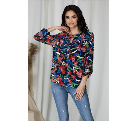 Bluza Sibbil bleumarin cu imprimeu floral rosu mozaic