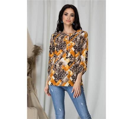 Bluza Sibbil cu animal print maro si imprimeu galben