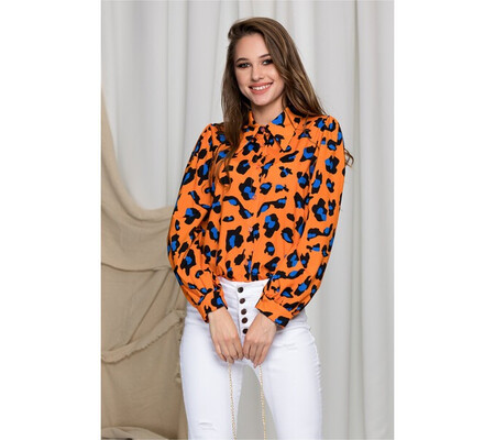 Camasa Denisse orange cu imprimeu animal print si accesoriu