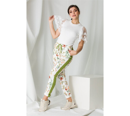 Pantaloni Leonard Collection albi cu imprimeuri florale