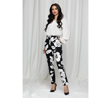 Pantaloni Leonard Collection negri cu imprimeu floral alb