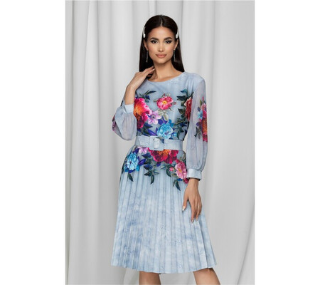 Rochie Ana bleu cu fusta plisata si imprimeuri florale