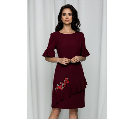 Rochie Daciana bordo cu maneci tip clopot si broderie