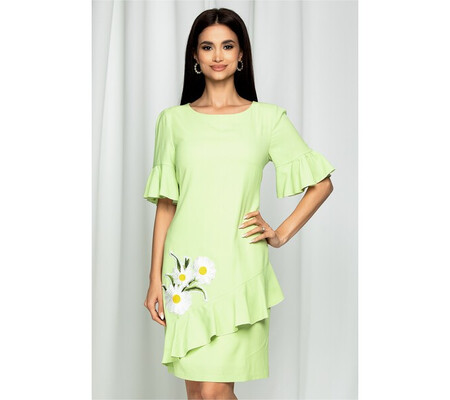 Rochie Daciana verde deschis cu maneci tip clopot si broderie