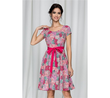 Rochie Daria cu imprimeu floral multicolor si cordon fucsia