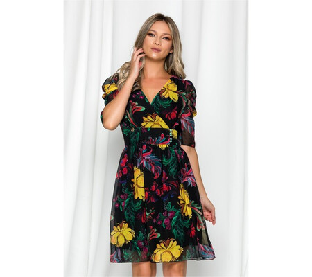 Rochie Dora neagra cu imprimeuri florale colorate si nasturi in talie