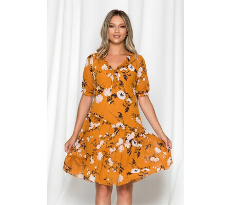 Rochie Doris camel cu imprimeu floral