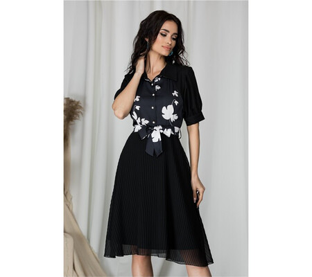 Rochie Ella Collection Lorelai neagra cu flori la bust si fusta din voal