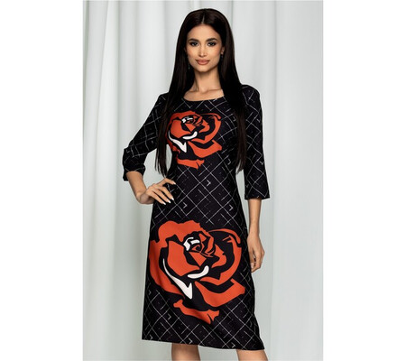 Rochie Ester neagra cu imprimeu floral caramiziu