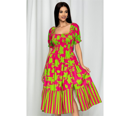 Rochie Fabiona fuchsia cu imprimeu verde