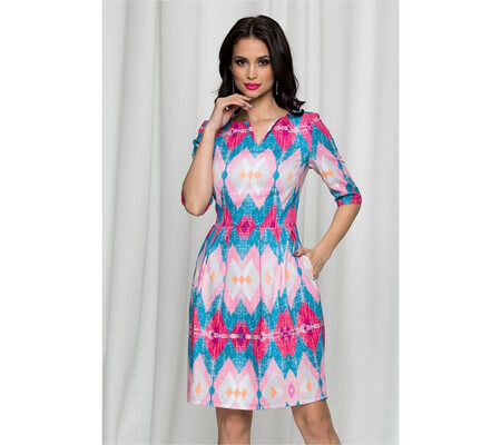 Rochie Ilina albastra cu imprimeu geometric roz