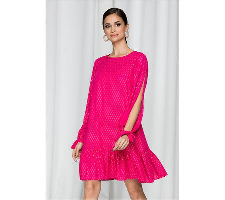 Rochie LaDonna by DYFashion fuchsia cu maneci lungi despicate si insertii aurii