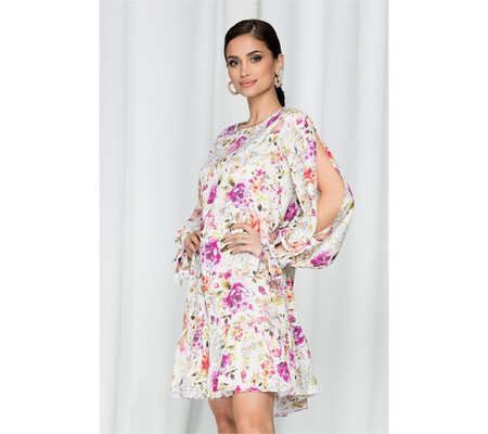 Rochie LaDonna by DYFashion ivory cu maneci lungi despicate si imprimeu floral