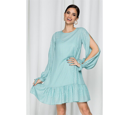 Rochie LaDonna by DYFashion verde mint cu maneci lungi despicate si insertii aurii