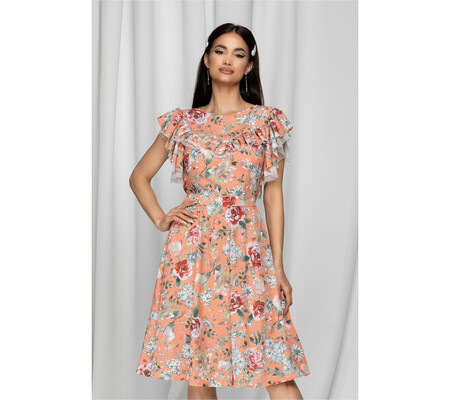 Rochie LaDonna orange cu imprimeu floral si volan la maneci si bust dublat de tull