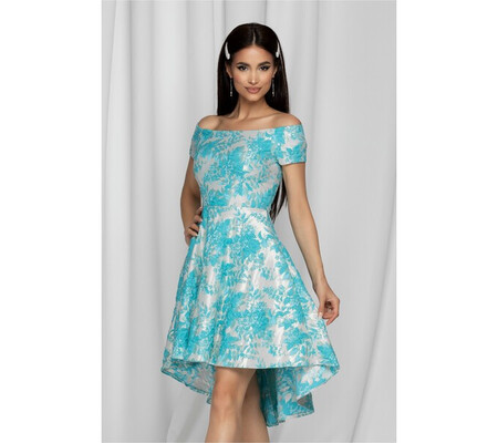 Rochie Lara ivoire cu imprimeu floral iesit in relief bleu si baza asimetrica