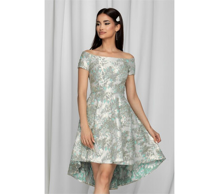 Rochie Lara ivoire cu imprimeu floral iesit in relief verde si baza asimetrica