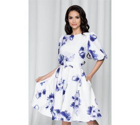 Rochie MBG alba cu imprimeu floral albastru cu maneci bufante