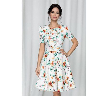 Rochie MBG alba cu imprimeu floral orange si volan pe bust