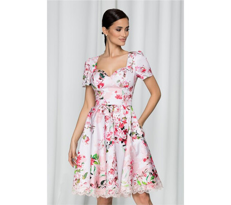 Rochie MBG alba cu imprimeu floral si decolteu inima