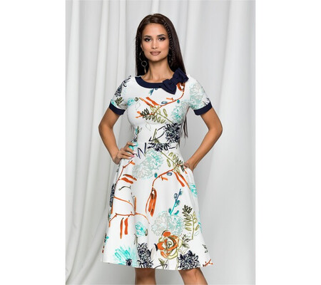 Rochie MBG alba cu imprimeu floral si fundita bleumarin