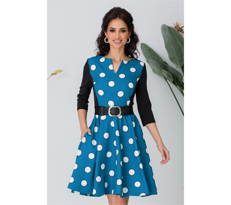 Rochie MBG albastra cu buline si aplicatie tip curea in talie