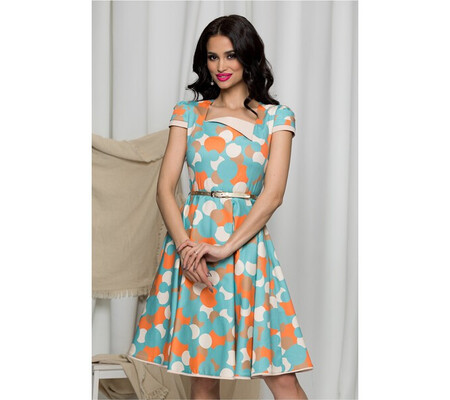 Rochie MBG bleu cu buline orange si curea in talie